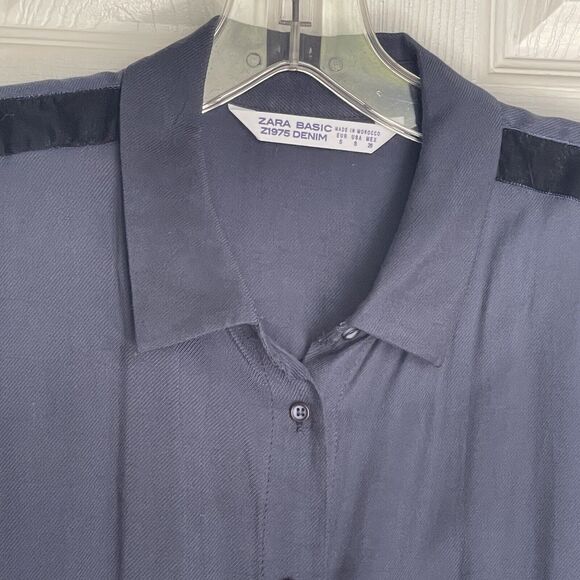 Zara Basic Z1975 Denim Small Shirt Blue Long Sleeve Button Up Velvet Decorative - Picture 12 of 16